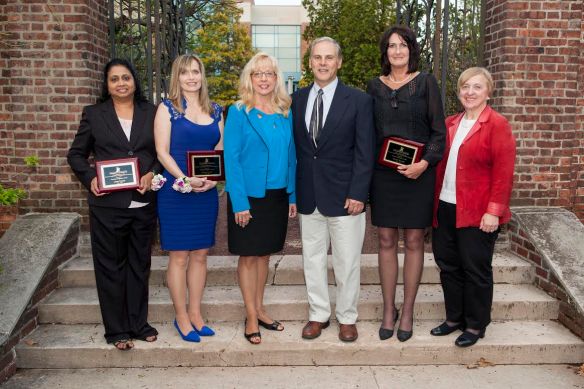 (Left to right): Leena Joseph, BSN, RN, Donna Jacoby, RN, CCRN, Nancy Allegrezza, Fred Allegrezza,  Tracey Tillger, RN and Dean of the Frances M. Maguire School of Nursing and Health Professions, Andrea Hollingsworth.